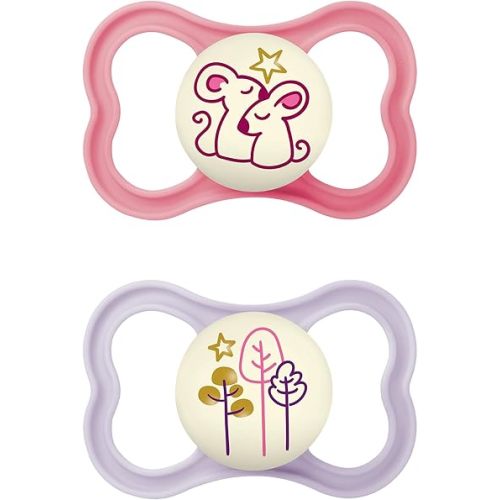 MAM Air Night Pacifiers (1 Sterilizing Pacifier Case), MAM Sensitive Skin Pacifier 6+ Months, Glow in the Dark Pacifier, Best Pacifier for Breastfed Babies, Baby Girl Pacifiers, 6-16 (Pack of 2)