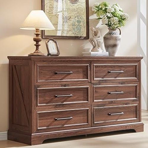 Farmhouse 6 Drawer Dresser for Bedroom, 52 Inch Wide Modern Dresser TV Stand with Large Drawers & Bar Handles, Rustic Wood Dresser Chest of Drawers for Bedroom, Living Room, Hallway, Brown