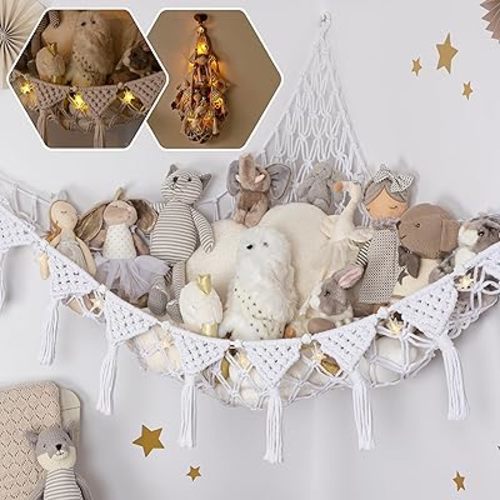 Snow White Macrame DreamLights Boho Stuffed Animal Storage Net for Stuffed Animals (Extra Large) and Stuffed Animal Net or Hammock for Small Stuffed Animals or Plushies. Pure Cotton