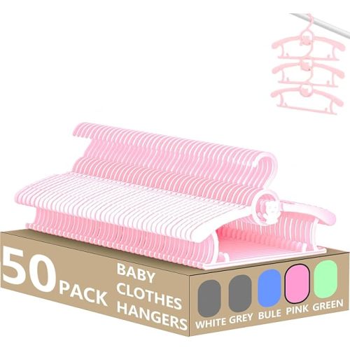 HGYZE Kid Hangers for Closet 50pcs, Pink Baby Clothes Hanger Plastic, 11-14" Adjustable Bulk Perchas for Newborn, Non-Slip Children Outfit Bear Hangar for Girl Boy Toddler Infant Nursery Clothing
