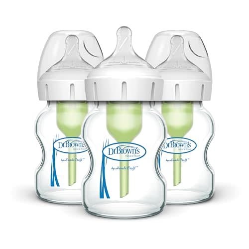 Dr. Brown's Natural Flow Anti-Colic Options+ Wide-Neck Glass Baby Bottles 5 oz/150 mL, with Level 1 Slow Flow Nipple, 3 Pack, 0m+
