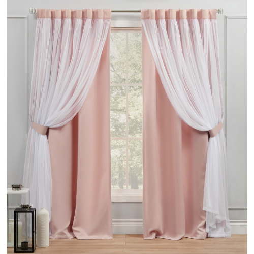 Exclusive Home Catarina Layered Solid Room Darkening Blackout and Sheer Hidden Tab/Rod Pocket Top Curtain Panel Pair, 52"x84", Rose Blush, Set of 2