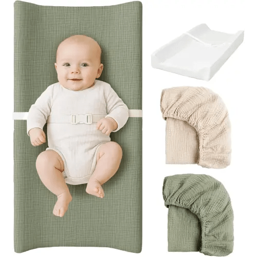 Konssy Muslin Changing Pad with Waterproof Lining Foam, Includes 2 Pack Soft & Cotton Cover, Baby Diaper Changing Pad for Dresser or Table, 32x16 inches (Fog Green,Cream)