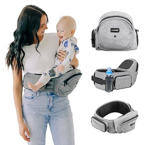 Tushbaby Original Hip Seat Baby Carrier for Babies & Toddlers up to 45 lbs, Safety Certified, Lightweight No-Foam Design with Storage, Grey