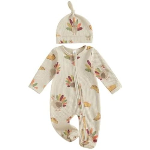 Newborn Baby Girl Boy Thanksgiving Outfit Turkey Print Long Sleeve Footed Romper Zip Jumpsuit Cute Fall Clothes