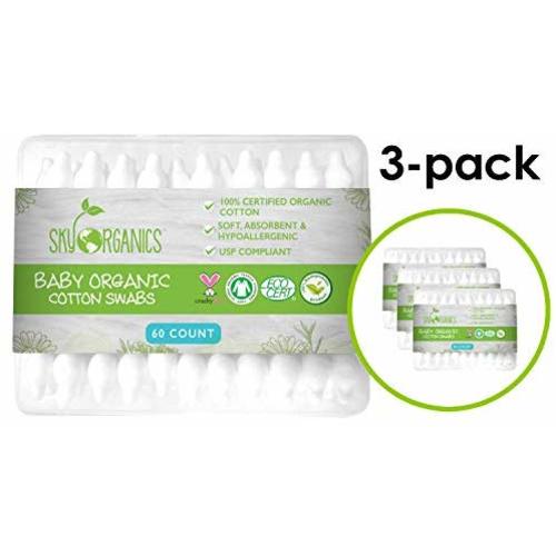 Baby Cotton Swabs (3 packs of 60 ct. Total 180), Organic Fragrance and Chlorine-Free Kids Safety Swabs, 100% Biodegradable Gentle Baby Qtips, Cruelty-Free & Hypoallergenic Children Cotton Buds