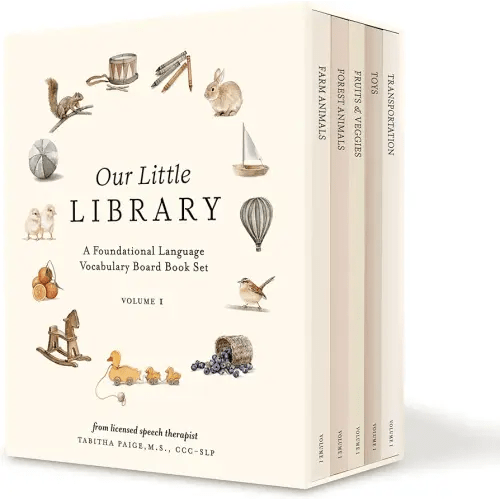 Our Little Library: A Foundational Language Vocabulary Board Book Set for Babies, Including Farm & Forest Animals, Fruits & Veggies, Toys & More (Tabitha Paige Children's Book Series)