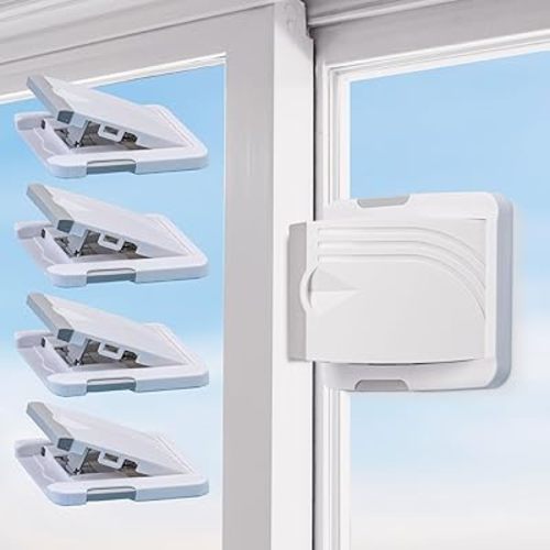 Sliding Glass Door Lock (4 Pack) - Child Proof Lock for Sliding Door, Easy to Install Sliding Window Lock - Strong Adhesive Sliding Door Security Lock, Window Locks & Sliding Door Lock