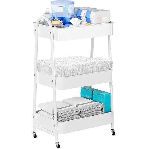 Baby Diaper Caddy Organizer, Metal Utility Diaper Cart, Multifunction Essential Newborn Baby Registry Items, Movable Changing Station/Easy Assembly, White