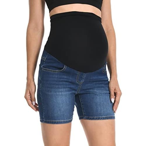 V VOCNI Maternity Denim Shorts Over The Belly Rolled Cuff Midrise Bermuda Short Pregnancy Jean Shorts