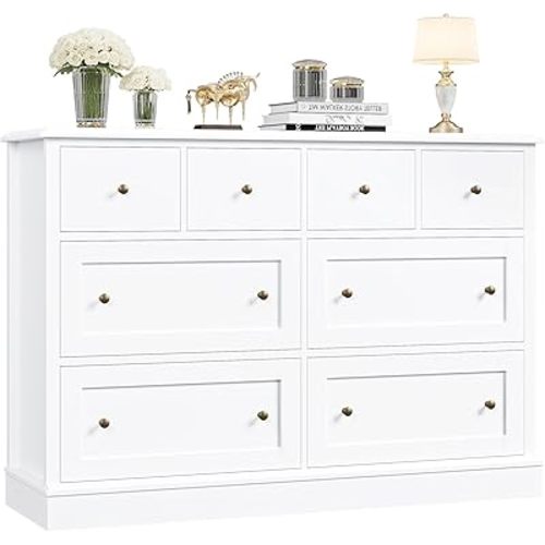 FINETONES White Dresser 8 Drawer Dresser, 47.2" White Chest of Drawers Nursery Dresser with Large Storage, Wood Dresser with Deep Drawers, Long Dressers & Chests of Drawers for Home Office