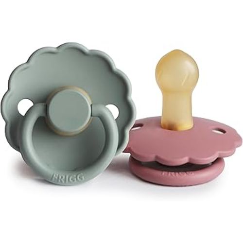 FRIGG Daisy Natural Rubber Baby Pacifier | Made in Denmark | BPA-Free (Dusty Rose/Lily Pad, 0-6 Months) 2-Pack