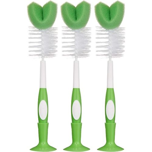 Amazon Brand - Mama Bear Baby Bottle Brush with Nipple Cleaner and Suction Cup Stand, White (Pack of 3)