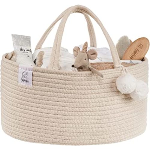 Baby Diaper Caddy Organizer- Rope Nursery Storage Bin- Portable Diaper Storage Basket for Changing Table and Car- Perfect Baby Shower & Registry Gift (Beige)