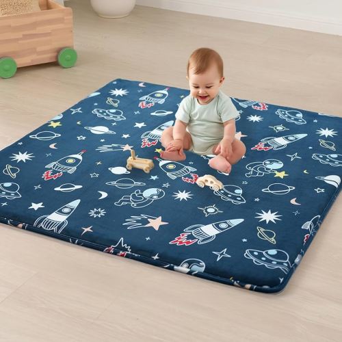 1.5" Thick Premium Baby Floor Play Mat, 50x50 Padded Memory Foam Playpen Mat, Tummy Time Crawling Playmat for Nursery Playroom Classroom, Space Adventure