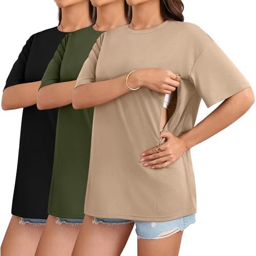 3 Pack Women's Oversize Nursing Breastfeeding Shirts Hidden Zipper Cotton Short Sleeve Loose Fit Maternity Tops