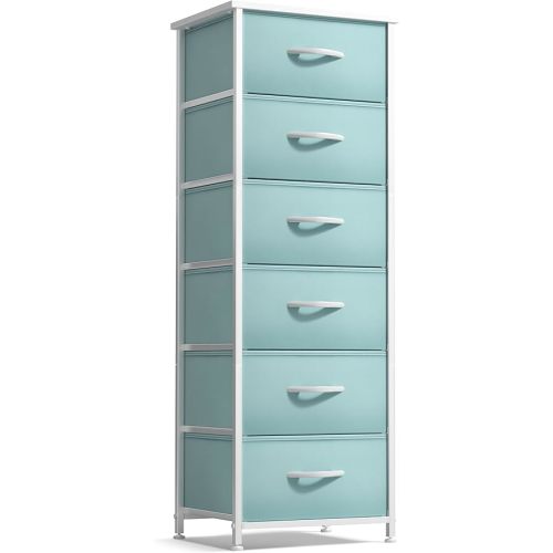 Sorbus Fabric Dresser for Kids Bedroom - Chest of 6 Drawers, Tall Storage Tower, Clothing Organizer, for Closet, for Playroom, for Nursery, Steel Frame, Fabric Bins - Wood Handle (Aqua)