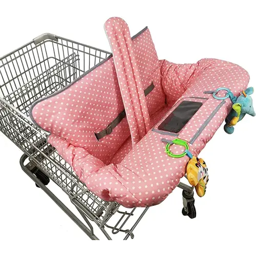 ICOPUCA Shopping Cart Cover, 2 in 1 cart Cover for Babies N high Chair Cover, Padded Grocery cart Cover for Baby Girl boy, with 1” Thick/Removable/Reversible Cushion, Pink dots;