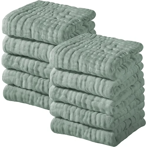 Yoofoss Muslin Baby Washcloths 100% Cotton Face Towels 10 Pack Wash Cloths for Baby 12x12in Soft and Absorbent Baby Wipes (Dark Green)