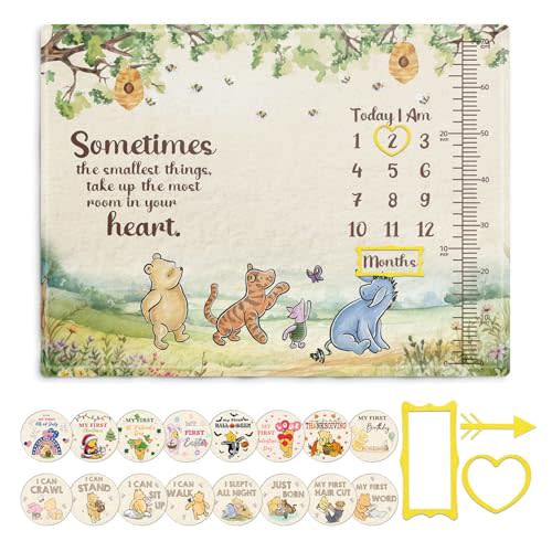 The Pooh Baby Monthly Milestone Blanket, Winnie Monthly Blanket Growth Chart, Winnie Quotes Decor with Double-Sided Printed Cardstock（16 Unforgettable Moments of Babies） 30 * 40in