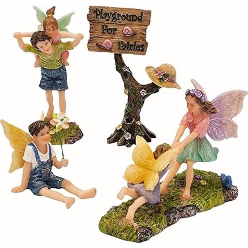 PRETMANNS Fairies for Fairy Garden - Accessories Kit for Indoor Outdoor Miniature Garden – Boy & Girl Figurines with a Cute Sign – 4-Piece Colorful Playground Set