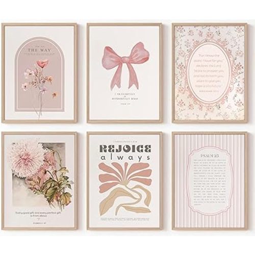 SYZPIKU 6Pcs Pink Christian Wall Art Bow Bible Verses Wall Decor Psalms Scripture Posters Boho Floral Pictures Pink Stripes Canvas Paintings for Bedroom Dorm Apartment Unframed