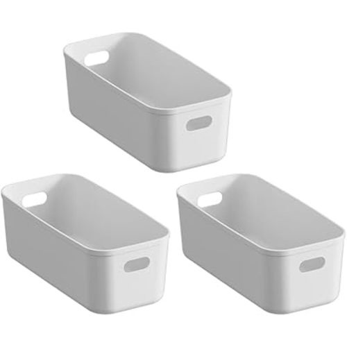 White Plastic Bins / Storage Organizers - Pantry Baskets, Bins for Shelves, Organizer and Storage for Bathroom, Bedrooms, Kitchens and More - Small Size (3 Pack)