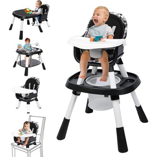Xilingol 15-in-1 Convertible High Chair, 2-in-1 Baby Highchair & Activity Center W/Toys, Booster Seat | Building Block Table | Toddler Chair W/Removable Tray & 5-Point Harness & 2-Layer Cushion(Black)