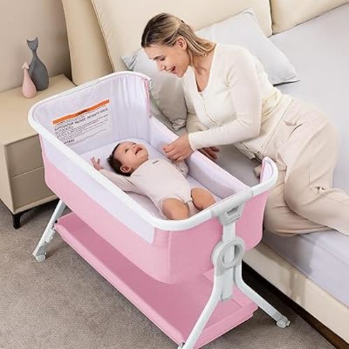Larex Baby Bassinet, Baby Bassinet Bedside Sleeper with Storage Basket and Wheels, Height Adjustable Portable Crib for Newborn Infant, Easy Assemble and Folding(Pink)
