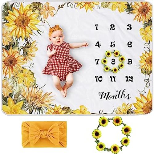 Sunflower Baby Monthly Milestone Blanket Girl, Floral Newborns Month Blanket Gift for Baby Shower, Soft Plush Photo Prop Blanket, Wreath &Headband Included, 45''x40''