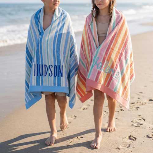 Custom Embroidered Beach Towel, Kids Cabana Stripe Pool Towel, 100% Cotton