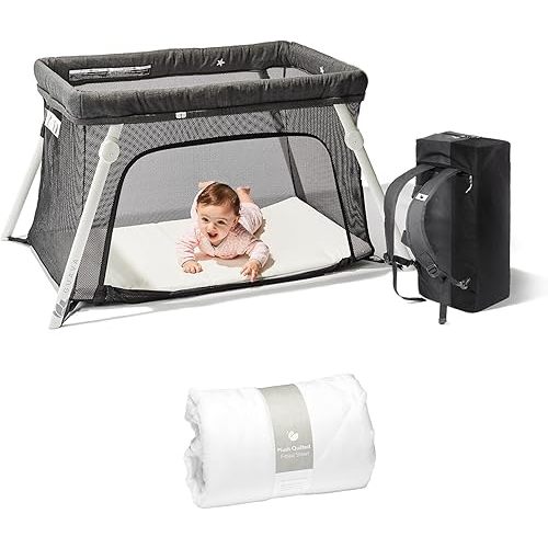 Guava Lotus Travel Crib Bundle with Quilted Sheet & Mattress | Play Yard with Lightweight Backpack Design | Certified Baby Safe Portable Crib | Folding Portable Playpen for Babies & Toddlers