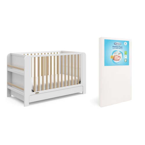 Graco Read-with-Me 4-in-1 Convertible Crib and Premium Crib & Toddler Mattress Bundle, White with Driftwood