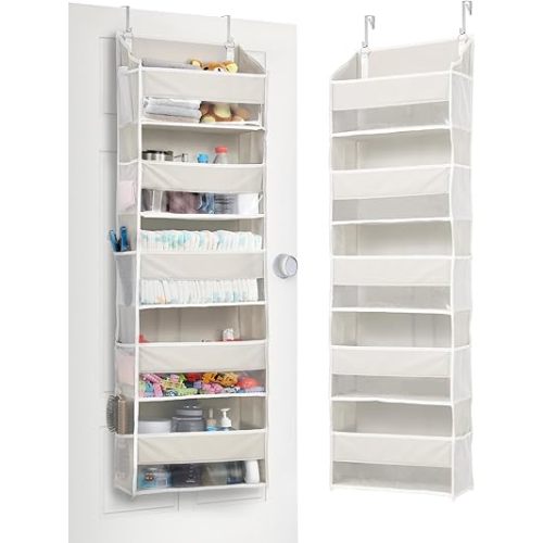 ULG 1-Pack Over Door Organizer with 5 Large Pockets 10 Mesh Side Pockets, 44 lbs Weight Capacity Hanging Storage Organizer with Clear Window for Bedroom Bathroom Kitchen, RV, Camper, Beige