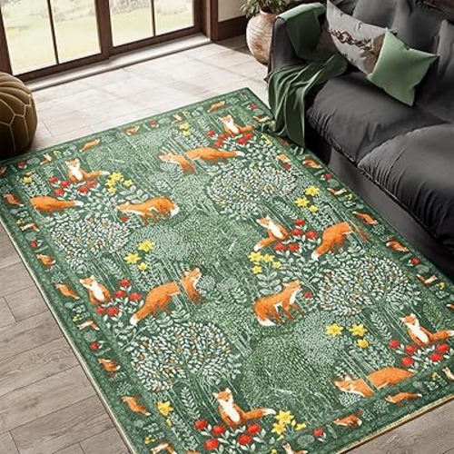 Cute Aesthetic Bedroom Rug, Ultra Thin Vintage Abstract 5x7 Carpet Washable, Boho Floral Botanical Area Rug for Living Room Entryway Kitchen Dorm, Green Woodland Forest Nature Kids Rug Nursery Carpet