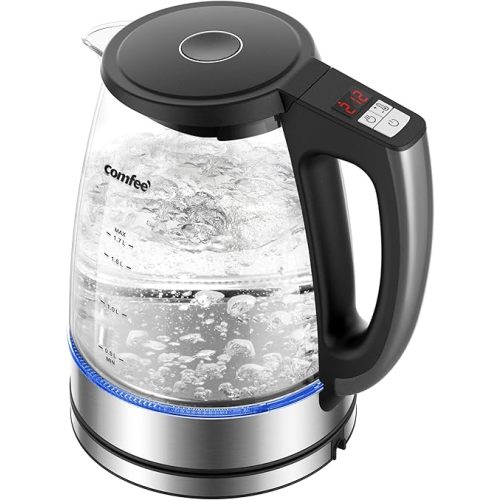 COMFEE' 1.7L Glass Tea Kettle and Kettle Water Boiler - Electric Kettle Temperature Control with 6 Presets, 2-Hr Keep Warm, Fast Heating, 304 Stainless Steel, Auto-Off and Boil-Dry Protection