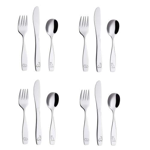 Exzact Children Flatware 12pcs Stainless Steel Kid Silverware - Dinosaur
