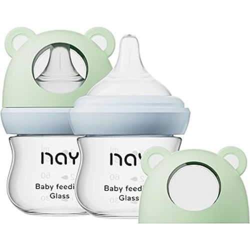 Natural Glass Baby Bottle for Breastfeeding Babies, 3oz Newborn Anti-Colic Baby Bottle with Slow Flow Nipples (SS), Clear, Wide Neck, 2 Pack, 0 Months+