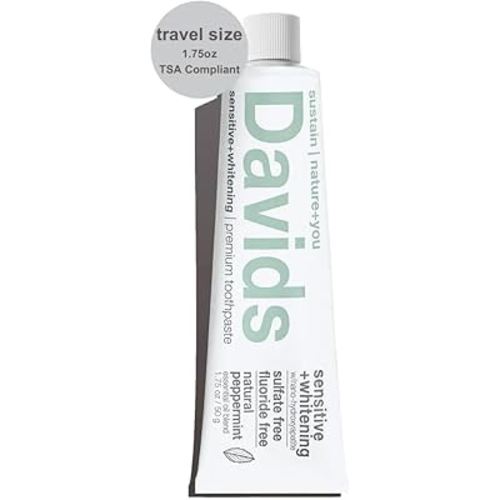 Davids Fluoride Free Nano Hydroxyapatite Toothpaste for Remineralizing Enamel & Sensitive Relief, Whitening, Antiplaque, SLS Free, Natural Peppermint, 1.75 OZ, TSA Approved Travel Size