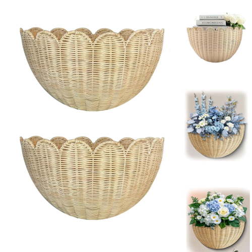 Scalloped Wicker Wall Basket, Hand Woven Hanging Basket, Natural Scalloped Hanging Wall Basket Storage & Home Decor, for Living Room Bathroom Kitchen (2 Pcs,14 x 8 x 6 Inch)