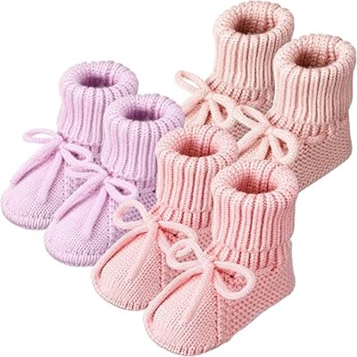 Evervibe 3 Pairs Knitted Baby Booties 0-6 Months Newborn Crochet Shoes Baby Shower Booties Centerpiece for Gender Reveal