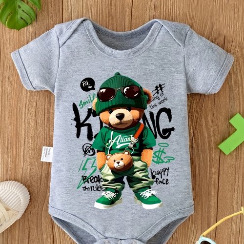 ACTFLASH Cartoon Bear Print Baby Bodysuit - Soft & Comfortable Polyester, Crew Neck, Short Sleeve, Regular Fit, Knit Fabric, Casual Style, All-Season Wear, Perfect Pregnancy Gift, Cute Clothes, for Outdoor