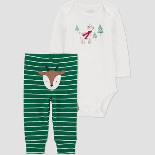 Carter's Just One You® Baby Christmas 2pc Striped Reindeer Top & Bottom Set - Green 3m