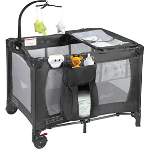 Kinder King 3 in 1 Portable Nursery Center, Foldable Playard for Baby & Toddler, Infant Pack n Play w/Bassinet, Removable Mattress, Newborn Changing Table, Travel Bag, Music Box, Storage Basket, Grey