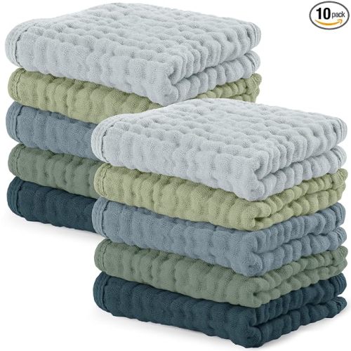 Comfy Cubs Muslin Baby Washcloths 10 Pack - Soft 6-Layer Cotton Wash Cloths for Sensitive Skin - 10"x10" Large, Gentle, Absorbent Infant Essentials for Newborn and Toddlers - Multi Boy
