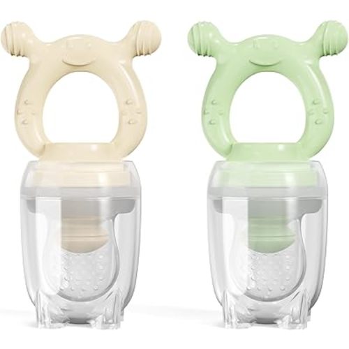 Baby Food Fruit Feeder Pacifier Nibbbler, Silicone Fresh Food Feeders, Teething Toy for 3-24 Month, Baby Mesh Teethers for Safe Infant Self Feeding 2 Pack Nude & Green