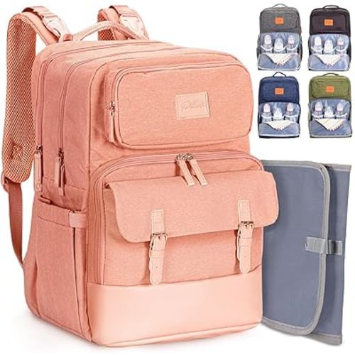 PILLANI Baby Diaper Bag Backpack - Baby Bag for Girls, Diaper Backpack - Large Diaper Bags for Baby Girl w/Changing Pad, Baby Registry Search & Shower Gifts, Newborn Essentials & Items for Mom, Pink