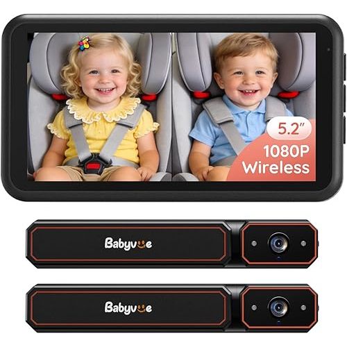 Babyvue BV6PRO Wireless Dual Car Camera Baby Monitor Fast Setup, HD1080P Spilt-Screen Baby Car Monitor for 2 Kids, Auto IR Night Vision Backseat Camera for Newborns Gift