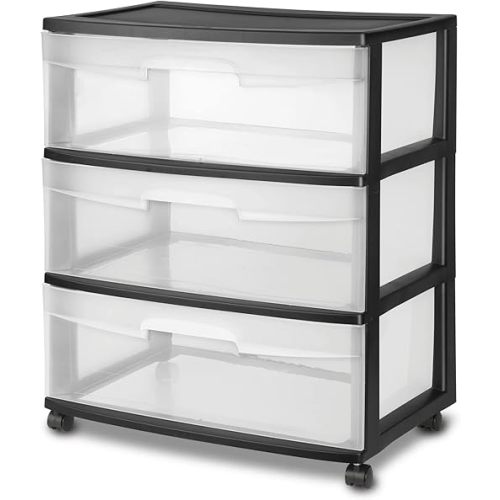 Plastic Storage Drawer Cart, Medium Home Organization Storage Container with 3 Large Clear Drawers With Wheels (Black), 3SDC-01