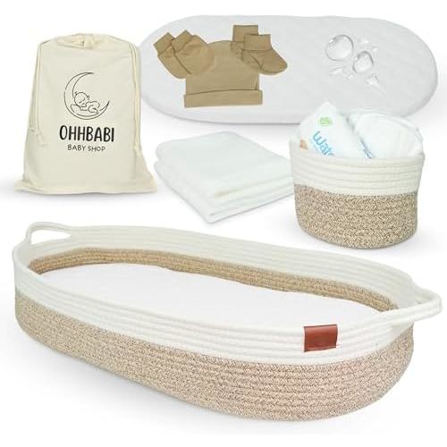 Baby Changing Basket with Diaper Caddy Organizer - Waterproof Cover & Blanket Included - Dresser Changing Station - Woven Cotton Rope Moses Changing Basket for Newborn - Beige